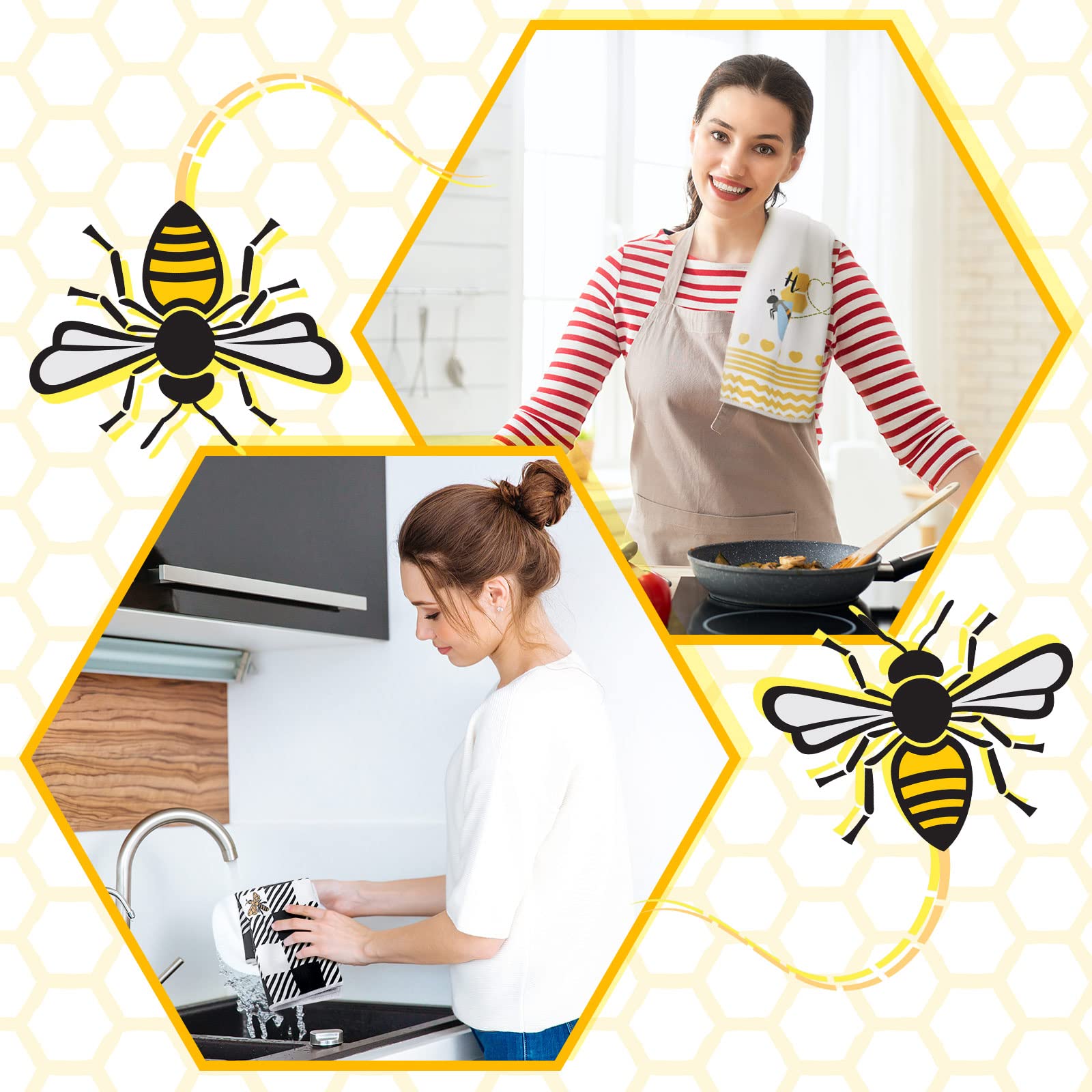 Tegeme 4 Pcs Bee Kitchen Tea Towel Honey Bee Dish Towels Honeycomb Bath Washcloth Honey Hand Polyester Absorbent Cloths Accessor